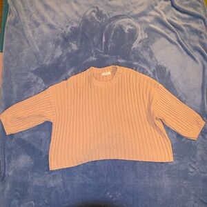 Mod Ref Med Women's Ribbed Tan Crew Neck Boxy Sweater 3/4 sleeve Scandi Minimal